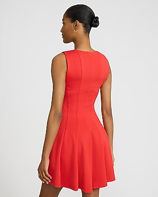 Crew Neck Sleeveless Seamed Pleated Mini Fit and Flare Dress with Pockets