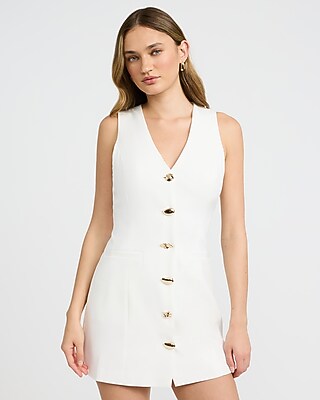 white sleeveless gold button midi blazer dress V-neck Gold Button Mini Vest Dress
