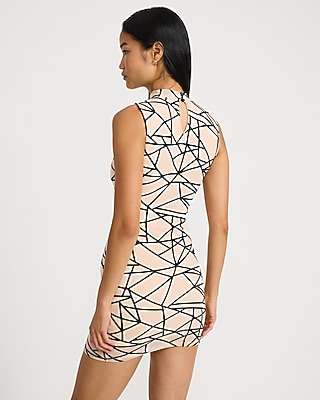 Mesh Flocked Print Mock Neck Mini Dress