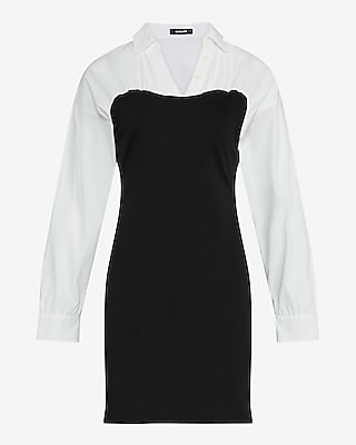 V-Neck Long Sleeve Mixed Media Mini Shirt Dress