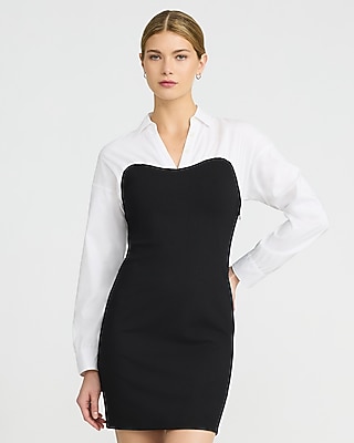 V-Neck Long Sleeve Mixed Media Mini Shirt Dress