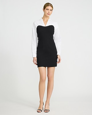 V-Neck Long Sleeve Mixed Media Mini Shirt Dress