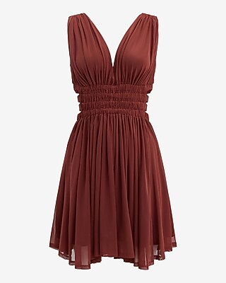 Mesh V-Neck Smocked Waist Cutout Knit Mini Fit and Flare Dress