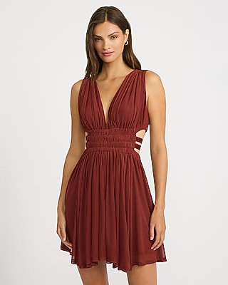 Mesh V-Neck Smocked Waist Cutout Knit Mini Fit and Flare Dress