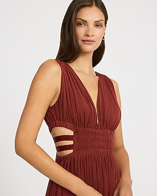 Mesh V-Neck Smocked Waist Cutout Knit Mini Fit and Flare Dress