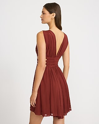 Mesh V-Neck Smocked Waist Cutout Knit Mini Fit and Flare Dress