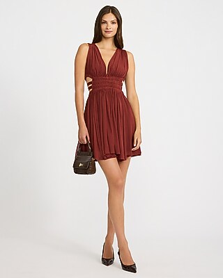 Mesh V-Neck Smocked Waist Cutout Knit Mini Fit and Flare Dress