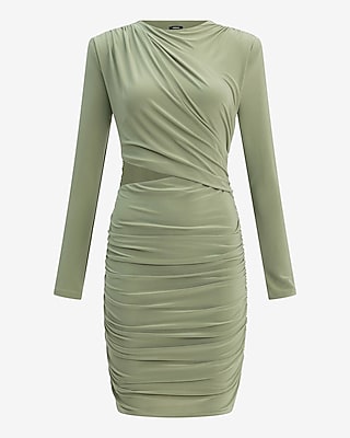 Crew Neck Long Sleeve Ruched Cutout Knit Mini Dress