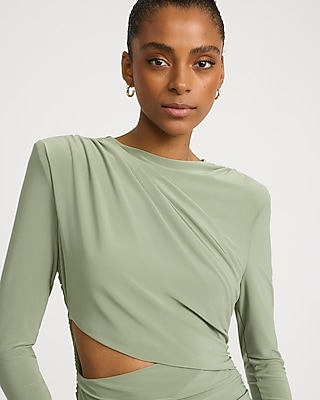 Crew Neck Long Sleeve Ruched Cutout Knit Mini Dress