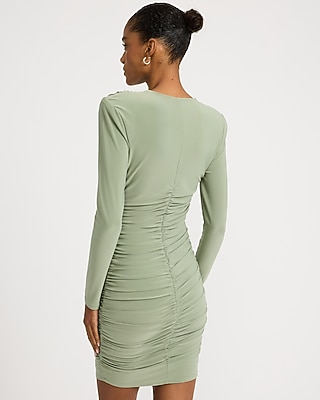 Crew Neck Long Sleeve Ruched Cutout Knit Mini Dress