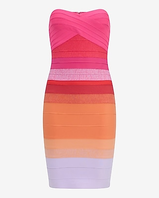 EXPRESS x bebe Strapless Metallic Stripe Bandage Mini Dress