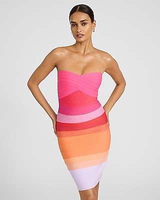 EXPRESS x bebe Strapless Metallic Stripe Bandage Mini Dress