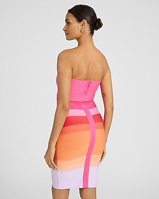 EXPRESS x bebe Strapless Metallic Stripe Bandage Mini Dress