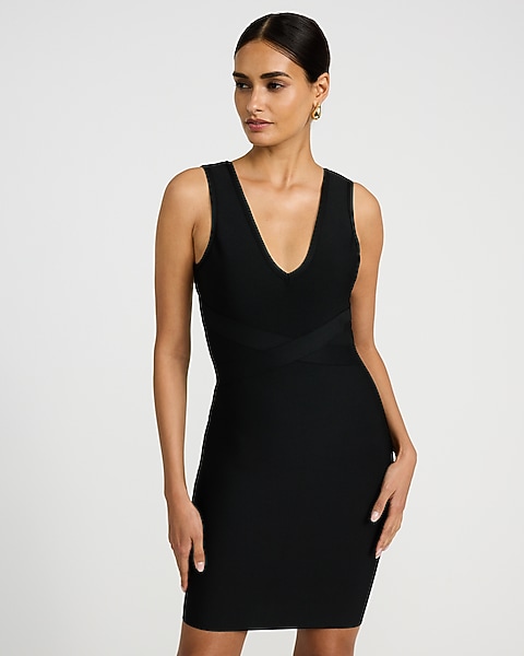 bebe little black dress Women's Asymmetrical High Slit Bandage Midi Its faux leather bodice offers a sleek Express X Bebe V-neck Sleeveless