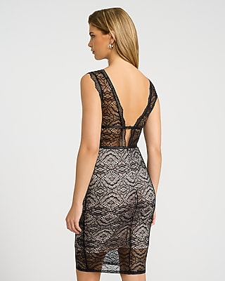 EXPRESS x bebe Lace V-Neck Strappy Mini Sheath Dress