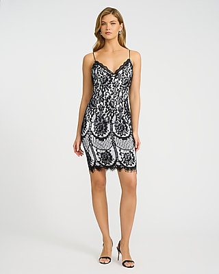 EXPRESS x bebe Lace Color Block V-Neck Mini Sheath Dress