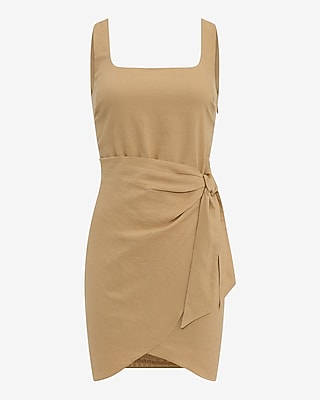 Linen-Blend Square Neck Wrap Tie Mini Sheath Dress