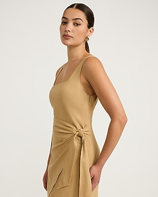 Linen-Blend Square Neck Wrap Tie Mini Sheath Dress
