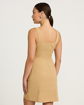 Linen-Blend Square Neck Wrap Tie Mini Sheath Dress