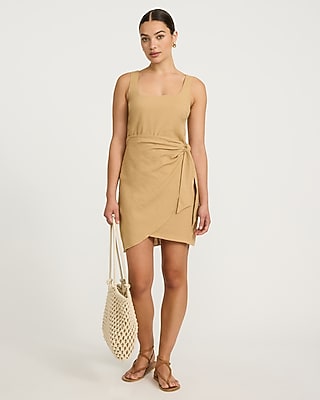 Linen-Blend Square Neck Wrap Tie Mini Sheath Dress