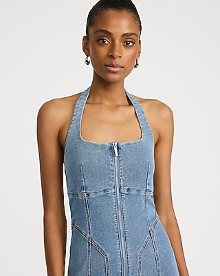 Denim Halter Square Neck Zip Front Seamed Midi Dress