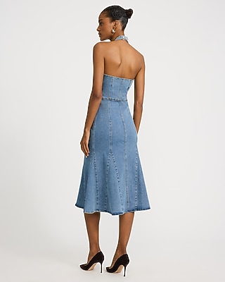 Denim Halter Square Neck Zip Front Seamed Midi Dress