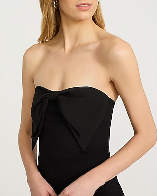 Strapless Satin Bow Side Slit Midi Sheath Dress - image 2
