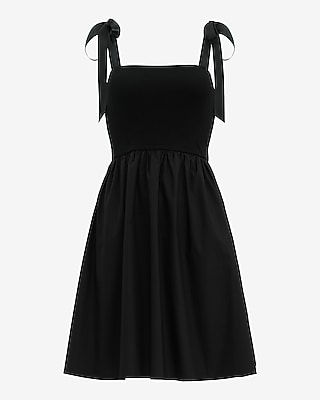 Stretch Cotton Square Neck Tie Strap Mini Fit and Flare Dress