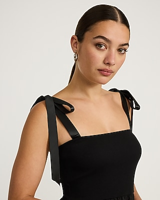Stretch Cotton Square Neck Tie Strap Mini Fit and Flare Dress