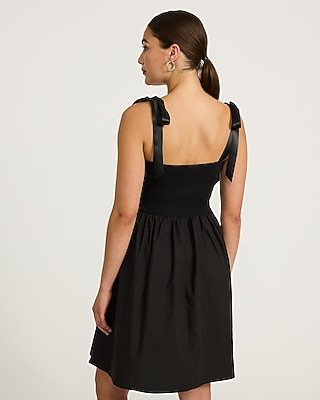 Stretch Cotton Square Neck Tie Strap Mini Fit and Flare Dress
