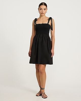 Stretch Cotton Square Neck Tie Strap Mini Fit and Flare Dress