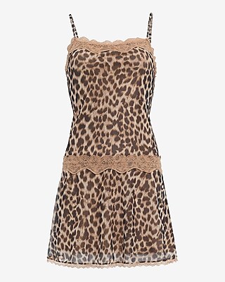 Mesh Leopard Square Neck Lace Slip Mini Sheath Dress
