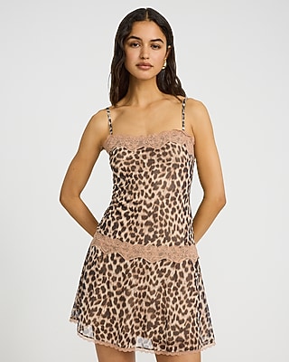 Mesh Leopard Square Neck Lace Slip Mini Sheath Dress