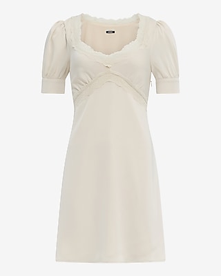 Satin Lace Trim V-Neck Short Sleeve Mini Dress