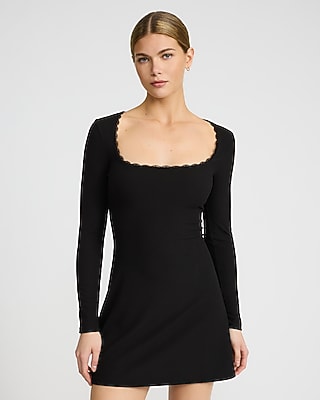Lace Trim Long Sleeve Ribbed Mini Knit Dress