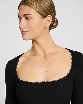 Lace Trim Long Sleeve Ribbed Mini Knit Dress