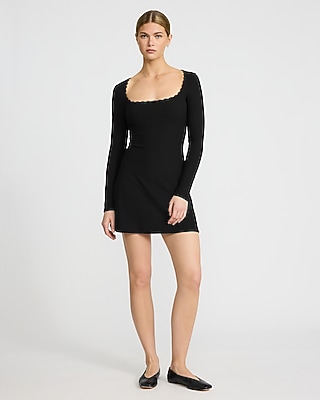 Lace Trim Long Sleeve Ribbed Mini Knit Dress