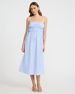 Cotton Poplin Striped Ruched Side Tie Midi Dress