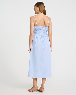 Cotton Poplin Striped Ruched Side Tie Midi Dress