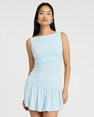 Boat Neck Ruched Drop Waist Mini Dress