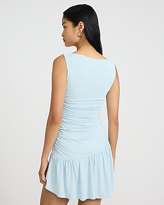 Boat Neck Ruched Drop Waist Mini Dress