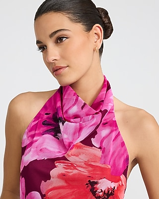 Floral Mesh Cowl Halter Neck Low Back Mini Sheath Dress - image 2