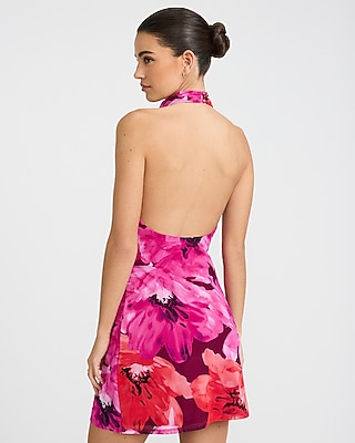 Floral Mesh Cowl Halter Neck Low Back Mini Sheath Dress - image 3