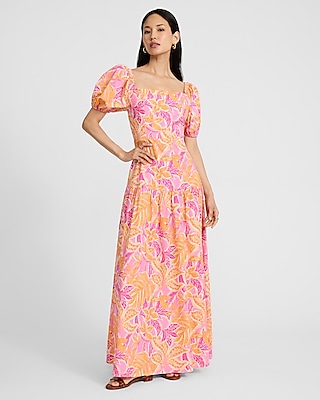 Floral Square Neck Puff Sleeve Drop Waist Maxi Dress