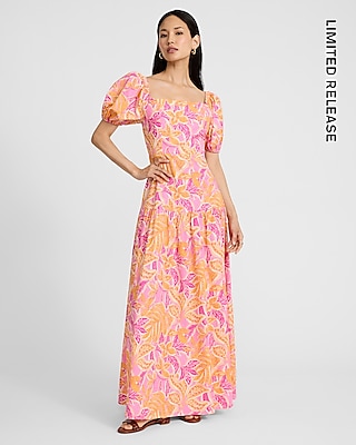 Floral Square Neck Puff Sleeve Drop Waist Maxi Dress