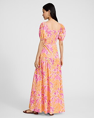 Floral Square Neck Puff Sleeve Drop Waist Maxi Dress