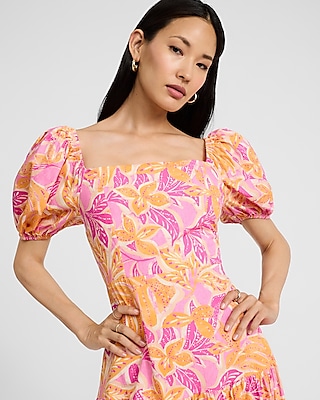 Floral Square Neck Puff Sleeve Drop Waist Maxi Dress