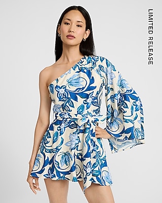 Printed One Shoulder Long Sleeve Tie Waist Romper