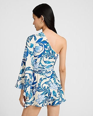 Printed One Shoulder Long Sleeve Tie Waist Romper
