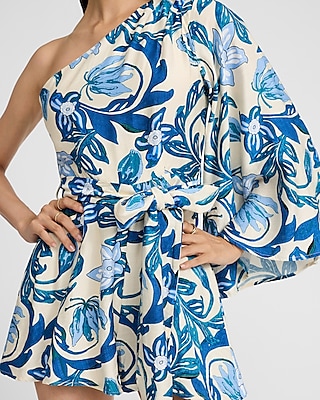 Printed One Shoulder Long Sleeve Tie Waist Romper